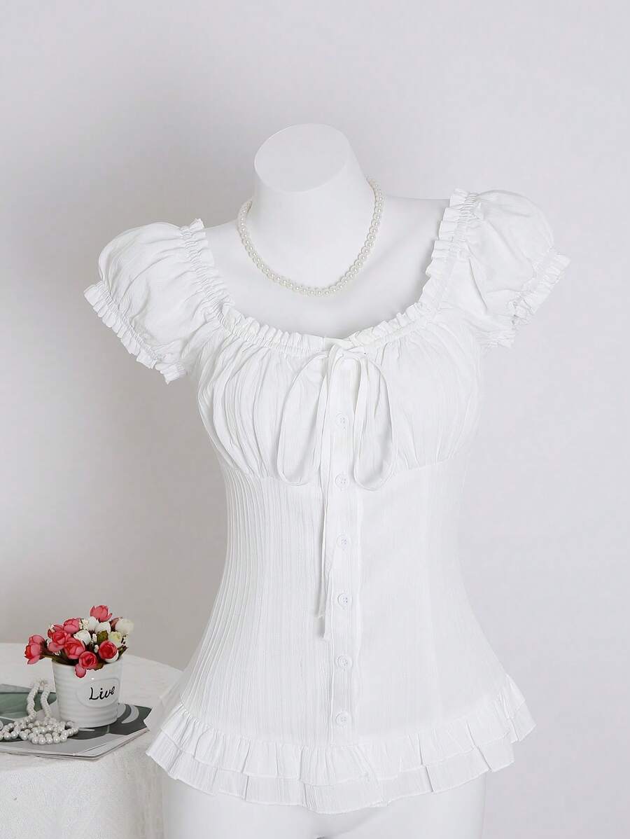 Sweetra Women's Summer Solid Color Ruffle Hem Tie Waist Short Sleeve Blouse
