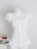 Sweetra Women's Summer Solid Color Ruffle Hem Tie Waist Short Sleeve Blouse