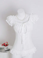 Sweetra Women's Summer Solid Color Ruffle Hem Tie Waist Short Sleeve Blouse