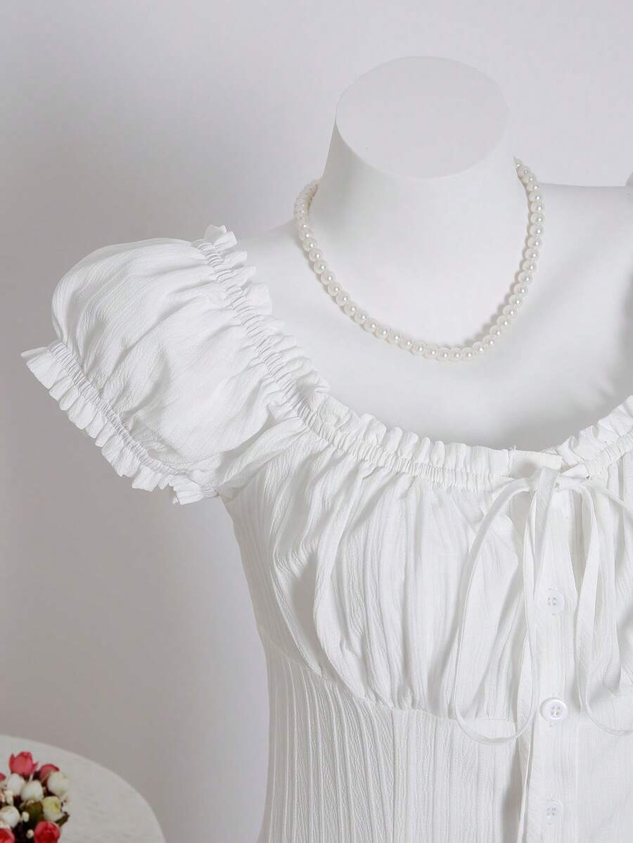 Sweetra Women's Summer Solid Color Ruffle Hem Tie Waist Short Sleeve Blouse