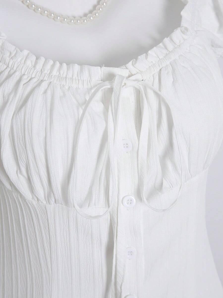Sweetra Women's Summer Solid Color Ruffle Hem Tie Waist Short Sleeve Blouse