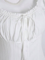 Sweetra Women's Summer Solid Color Ruffle Hem Tie Waist Short Sleeve Blouse