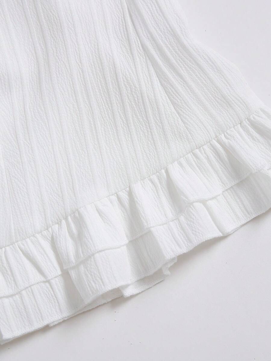 Sweetra Women's Summer Solid Color Ruffle Hem Tie Waist Short Sleeve Blouse