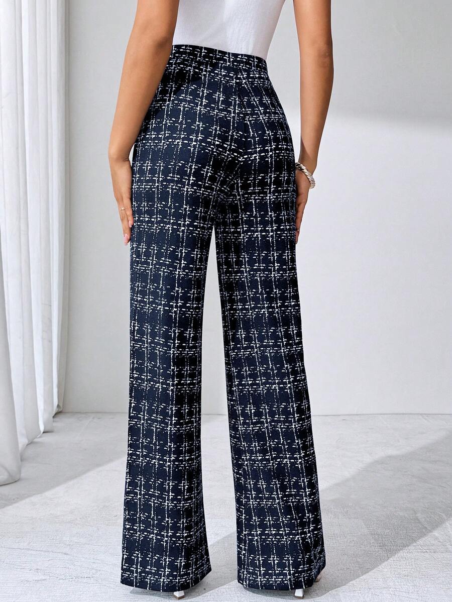SHEIN Clasi Summer Elegant Women's Plaid Printed Elastic Knitted Pants, Suitable For Various Occasions, Suitable For Summer Vacation, Elegant Travel, And Daily Commuting Business Casual Woman