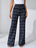 SHEIN Clasi Summer Elegant Women's Plaid Printed Elastic Knitted Pants, Suitable For Various Occasions, Suitable For Summer Vacation, Elegant Travel, And Daily Commuting Business Casual Woman