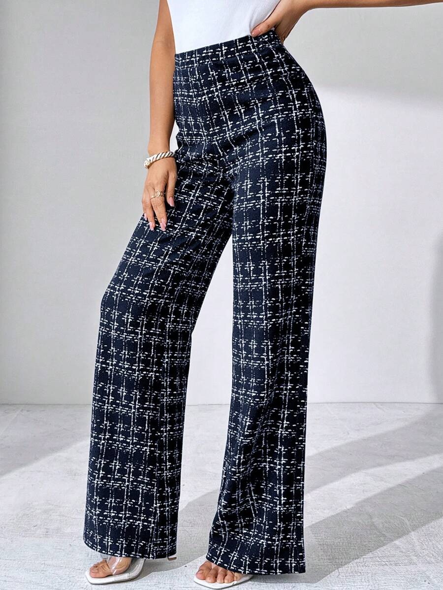 SHEIN Clasi Summer Elegant Women's Plaid Printed Elastic Knitted Pants, Suitable For Various Occasions, Suitable For Summer Vacation, Elegant Travel, And Daily Commuting Business Casual Woman
