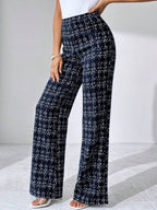 SHEIN Clasi Summer Elegant Women's Plaid Printed Elastic Knitted Pants, Suitable For Various Occasions, Suitable For Summer Vacation, Elegant Travel, And Daily Commuting Business Casual Woman