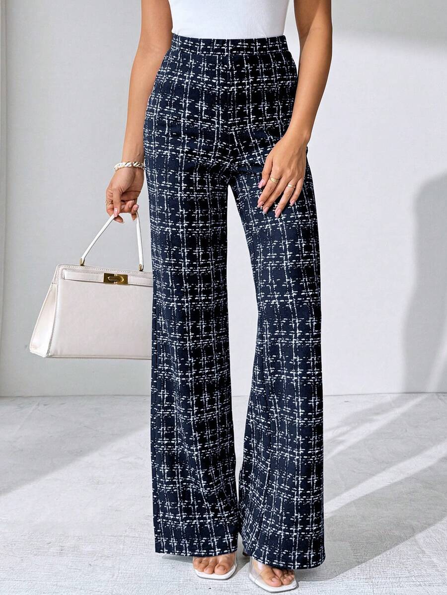 SHEIN Clasi Summer Elegant Women's Plaid Printed Elastic Knitted Pants, Suitable For Various Occasions, Suitable For Summer Vacation, Elegant Travel, And Daily Commuting Business Casual Woman