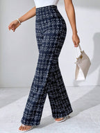 SHEIN Clasi Summer Elegant Women's Plaid Printed Elastic Knitted Pants, Suitable For Various Occasions, Suitable For Summer Vacation, Elegant Travel, And Daily Commuting Business Casual Woman