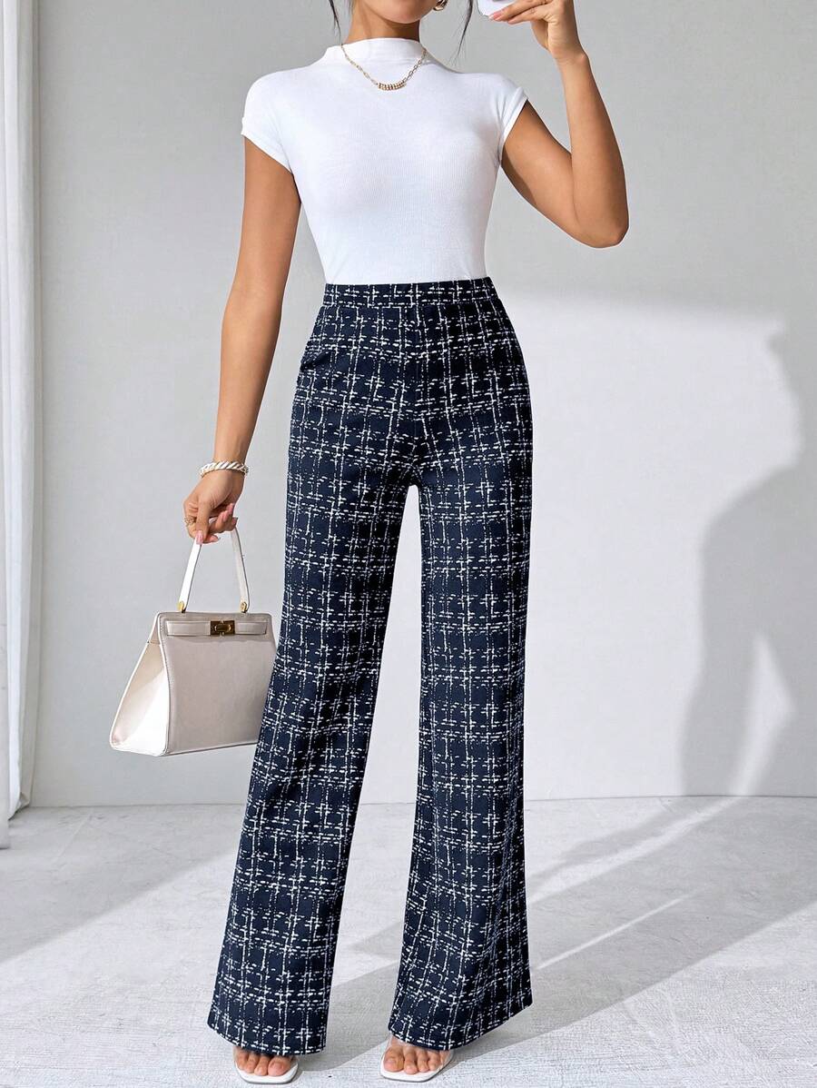 SHEIN Clasi Summer Elegant Women's Plaid Printed Elastic Knitted Pants, Suitable For Various Occasions, Suitable For Summer Vacation, Elegant Travel, And Daily Commuting Business Casual Woman