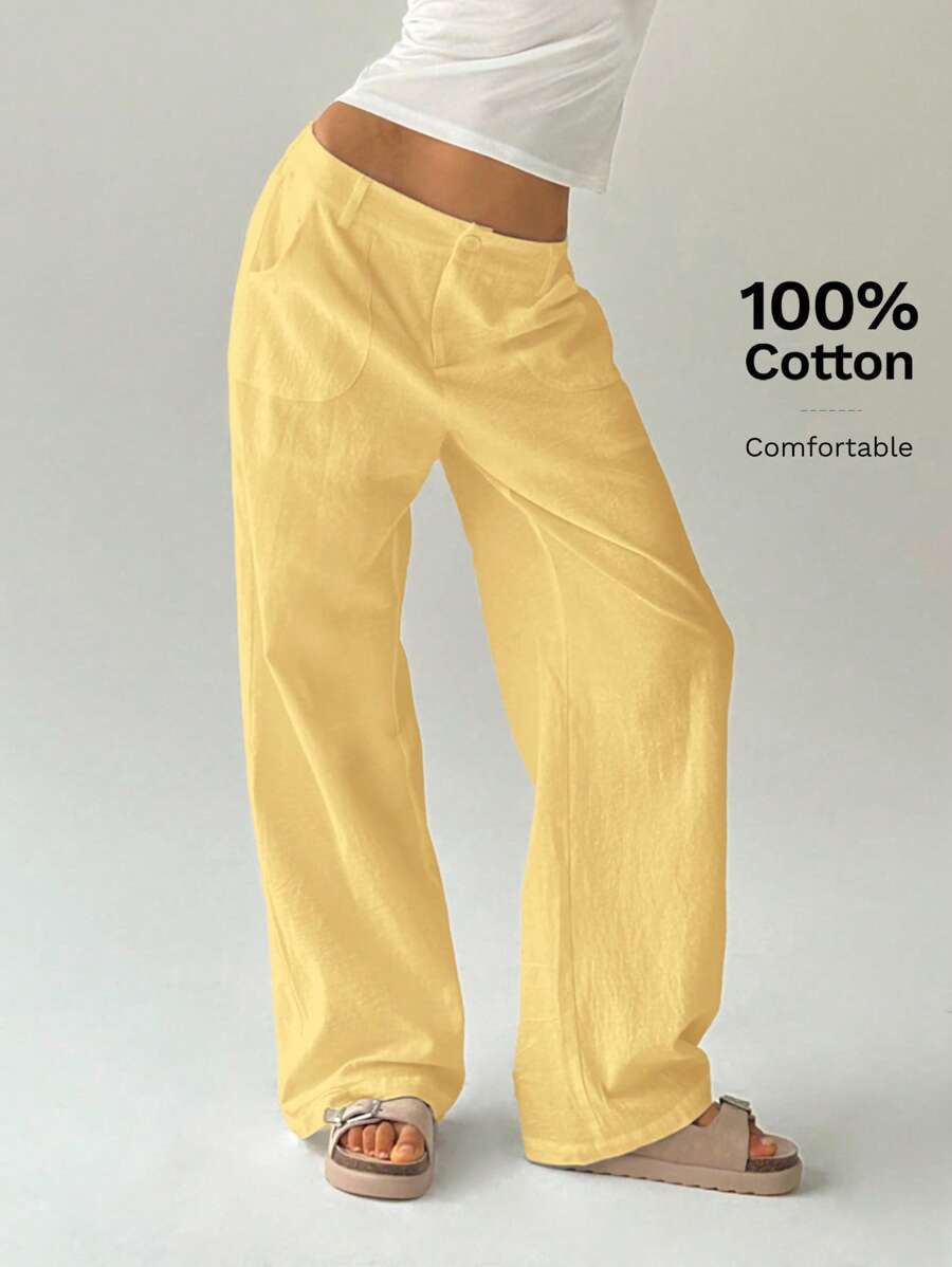 Easelle Women Plain Simple Low Waist Straight Leg Pants,Ladies Spring/Fall Casual Pocket,Zipper Ultra Low Waist Straight Leg Long Black Cotton Loose Women Pants,Casual Daily Wear