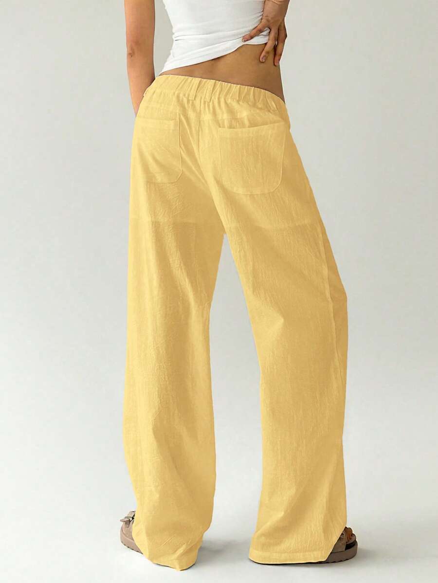 Easelle Women Plain Simple Low Waist Straight Leg Pants,Ladies Spring/Fall Casual Pocket,Zipper Ultra Low Waist Straight Leg Long Black Cotton Loose Women Pants,Casual Daily Wear