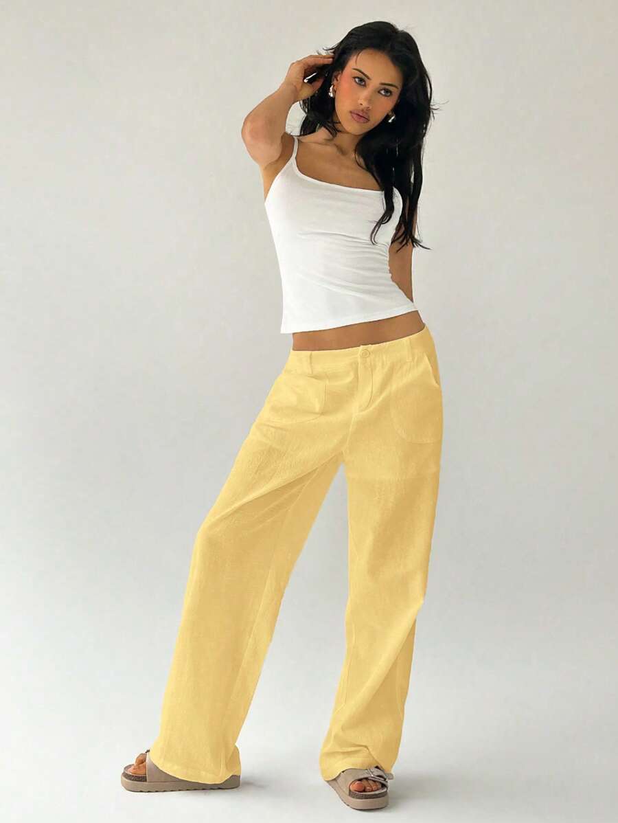 Easelle Women Plain Simple Low Waist Straight Leg Pants,Ladies Spring/Fall Casual Pocket,Zipper Ultra Low Waist Straight Leg Long Black Cotton Loose Women Pants,Casual Daily Wear