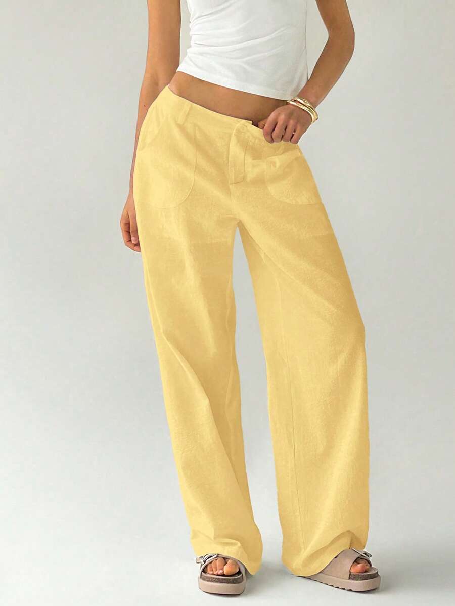 Easelle Women Plain Simple Low Waist Straight Leg Pants,Ladies Spring/Fall Casual Pocket,Zipper Ultra Low Waist Straight Leg Long Black Cotton Loose Women Pants,Casual Daily Wear