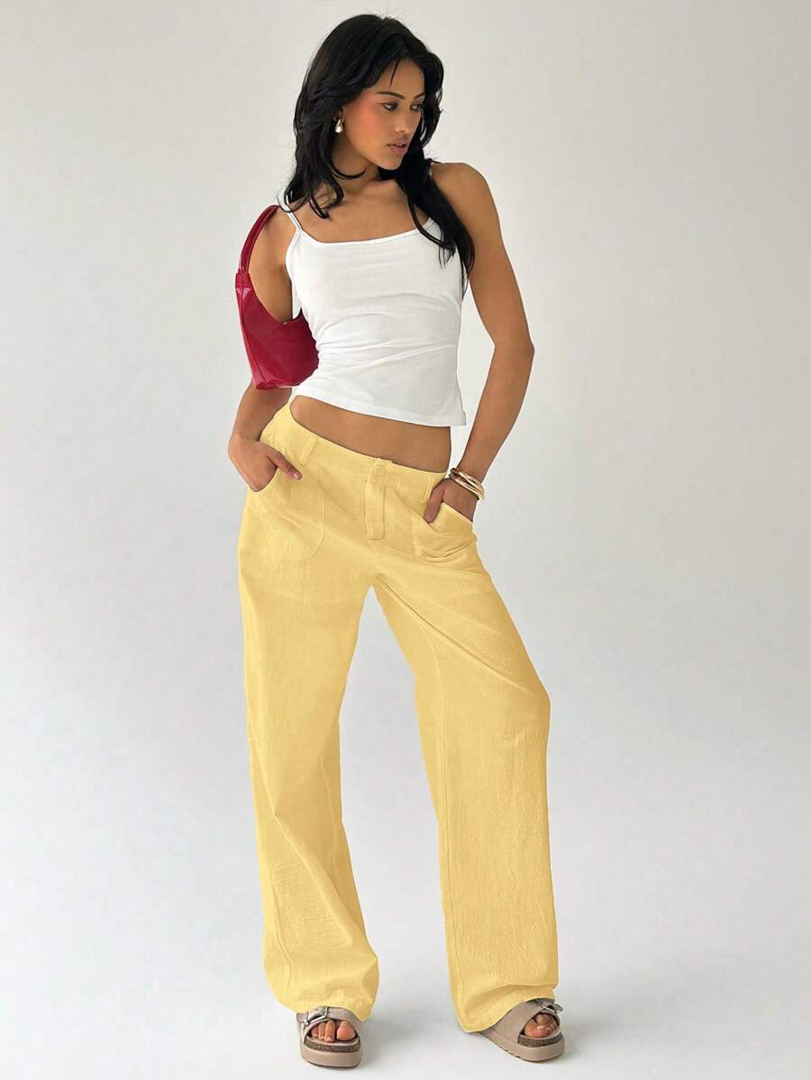 Easelle Women Plain Simple Low Waist Straight Leg Pants,Ladies Spring/Fall Casual Pocket,Zipper Ultra Low Waist Straight Leg Long Black Cotton Loose Women Pants,Casual Daily Wear