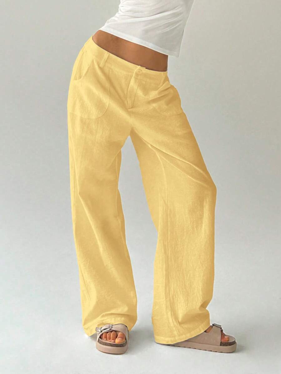 Easelle Women Plain Simple Low Waist Straight Leg Pants,Ladies Spring/Fall Casual Pocket,Zipper Ultra Low Waist Straight Leg Long Black Cotton Loose Women Pants,Casual Daily Wear