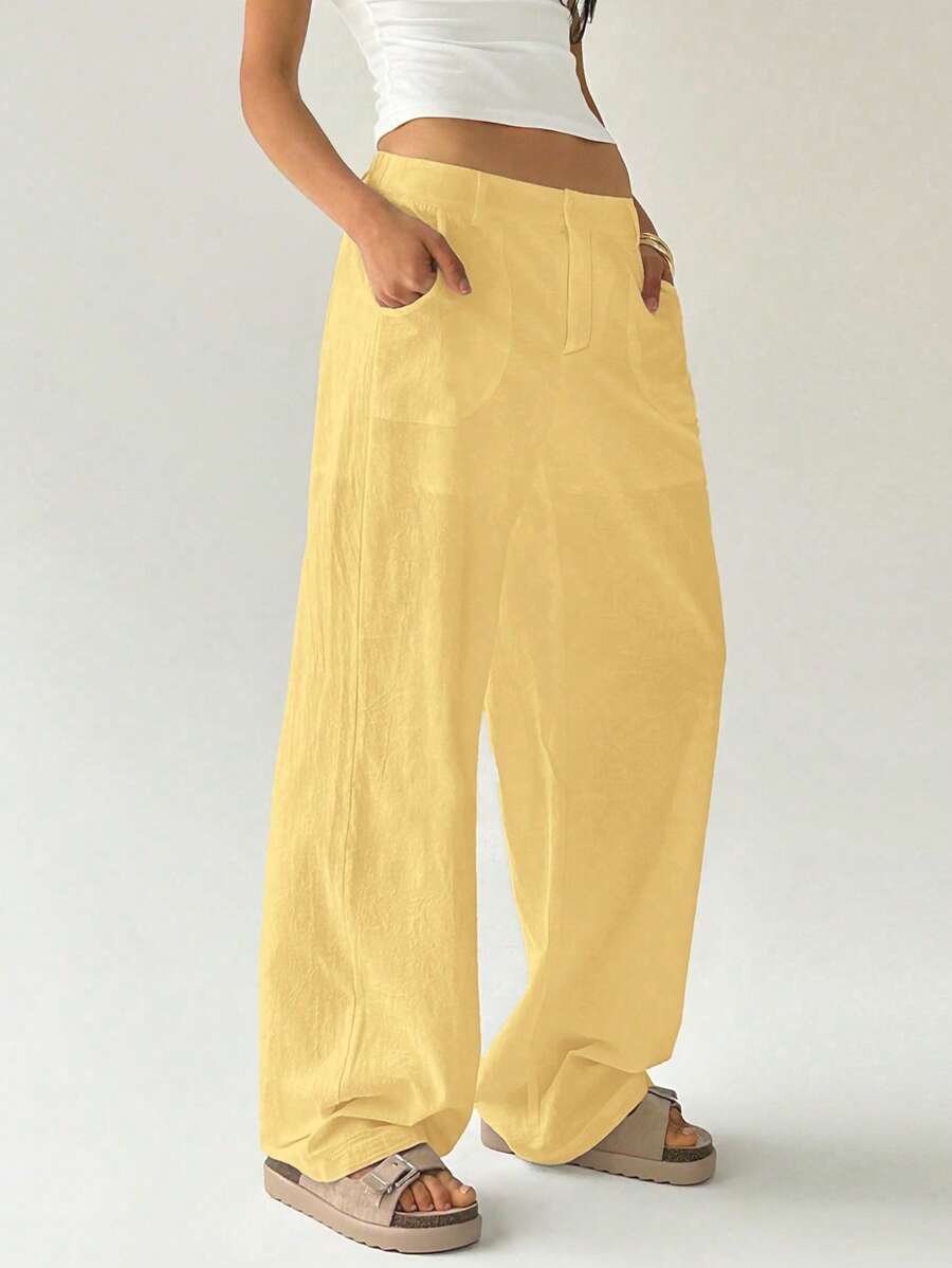 Easelle Women Plain Simple Low Waist Straight Leg Pants,Ladies Spring/Fall Casual Pocket,Zipper Ultra Low Waist Straight Leg Long Black Cotton Loose Women Pants,Casual Daily Wear