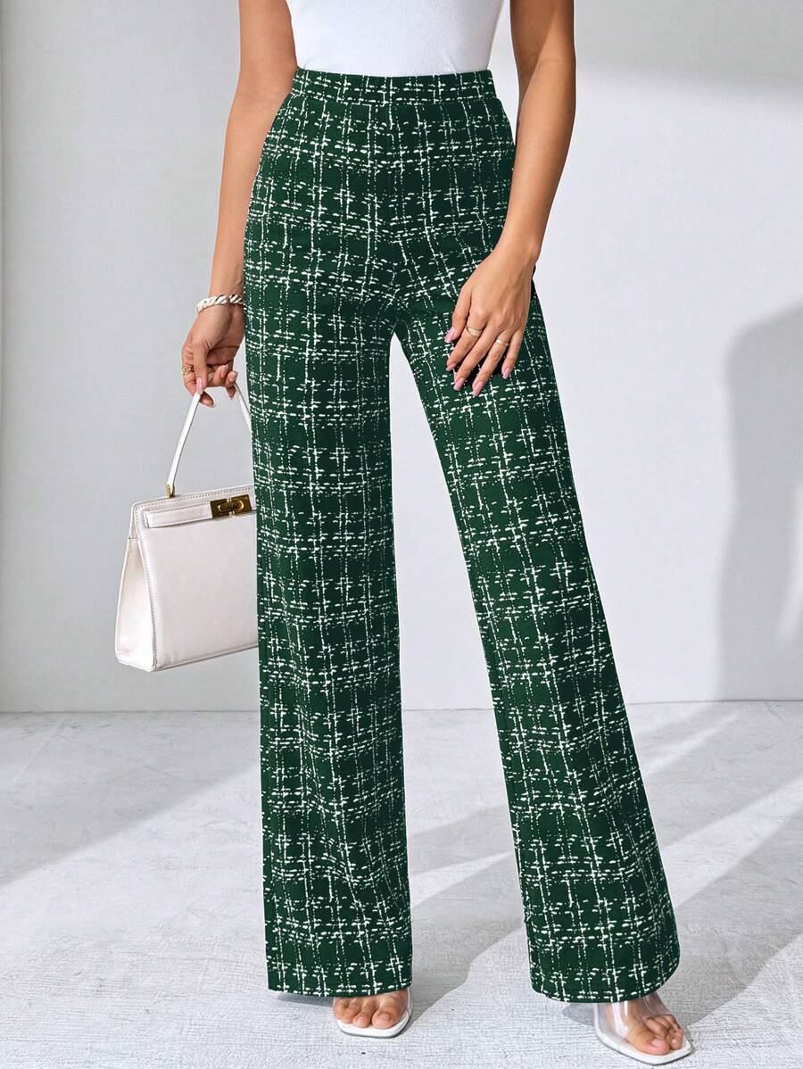 SHEIN Clasi Summer Elegant Women's Plaid Printed Elastic Knitted Pants, Suitable For Various Occasions, Suitable For Summer Vacation, Elegant Travel, And Daily Commuting Business Casual Woman