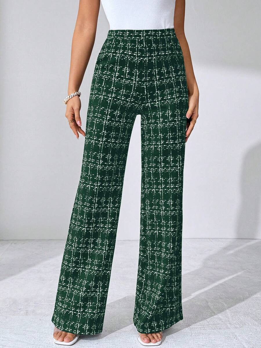 SHEIN Clasi Summer Elegant Women's Plaid Printed Elastic Knitted Pants, Suitable For Various Occasions, Suitable For Summer Vacation, Elegant Travel, And Daily Commuting Business Casual Woman