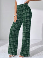 SHEIN Clasi Summer Elegant Women's Plaid Printed Elastic Knitted Pants, Suitable For Various Occasions, Suitable For Summer Vacation, Elegant Travel, And Daily Commuting Business Casual Woman