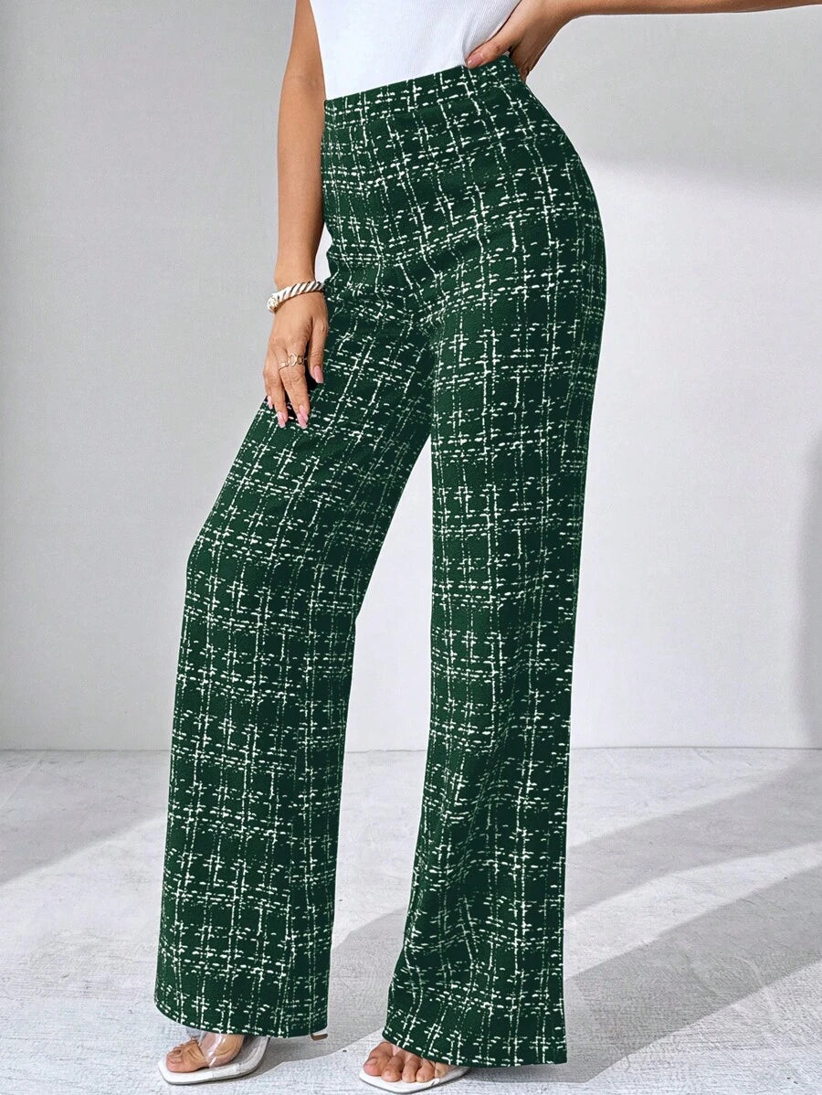 SHEIN Clasi Summer Elegant Women's Plaid Printed Elastic Knitted Pants, Suitable For Various Occasions, Suitable For Summer Vacation, Elegant Travel, And Daily Commuting Business Casual Woman