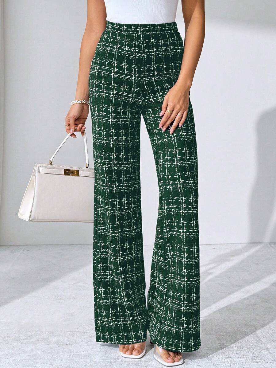 SHEIN Clasi Summer Elegant Women's Plaid Printed Elastic Knitted Pants, Suitable For Various Occasions, Suitable For Summer Vacation, Elegant Travel, And Daily Commuting Business Casual Woman
