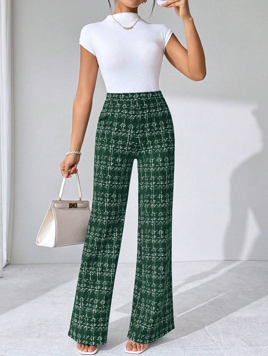 SHEIN Clasi Summer Elegant Women's Plaid Printed Elastic Knitted Pants, Suitable For Various Occasions, Suitable For Summer Vacation, Elegant Travel, And Daily Commuting Business Casual Woman