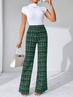 SHEIN Clasi Summer Elegant Women's Plaid Printed Elastic Knitted Pants, Suitable For Various Occasions, Suitable For Summer Vacation, Elegant Travel, And Daily Commuting Business Casual Woman