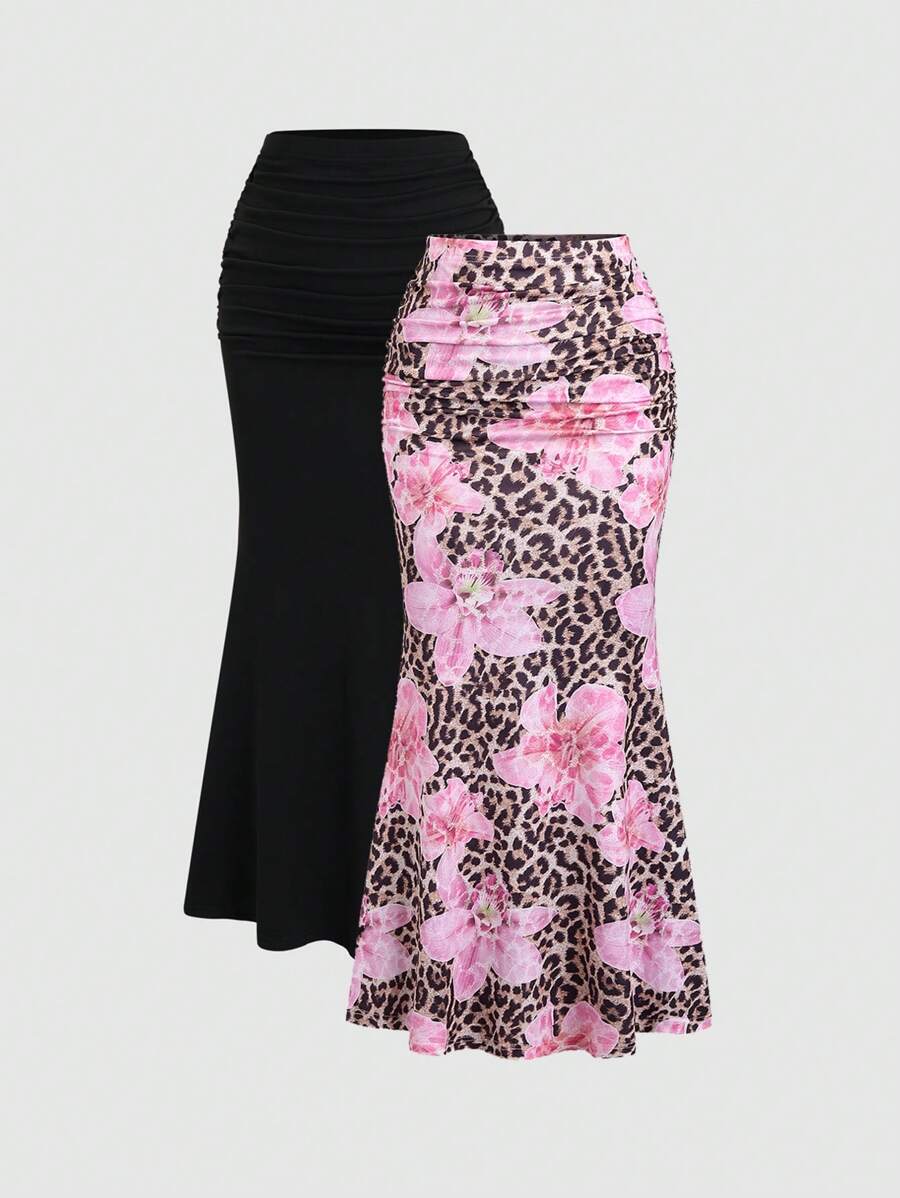 Sweetra 2pcs Women's Elegant Party Solid Color Mermaid Skirt And Floral Print Skirt Set Fall Cloth For Women