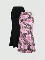 Sweetra 2pcs Women's Elegant Party Solid Color Mermaid Skirt And Floral Print Skirt Set Fall Cloth For Women