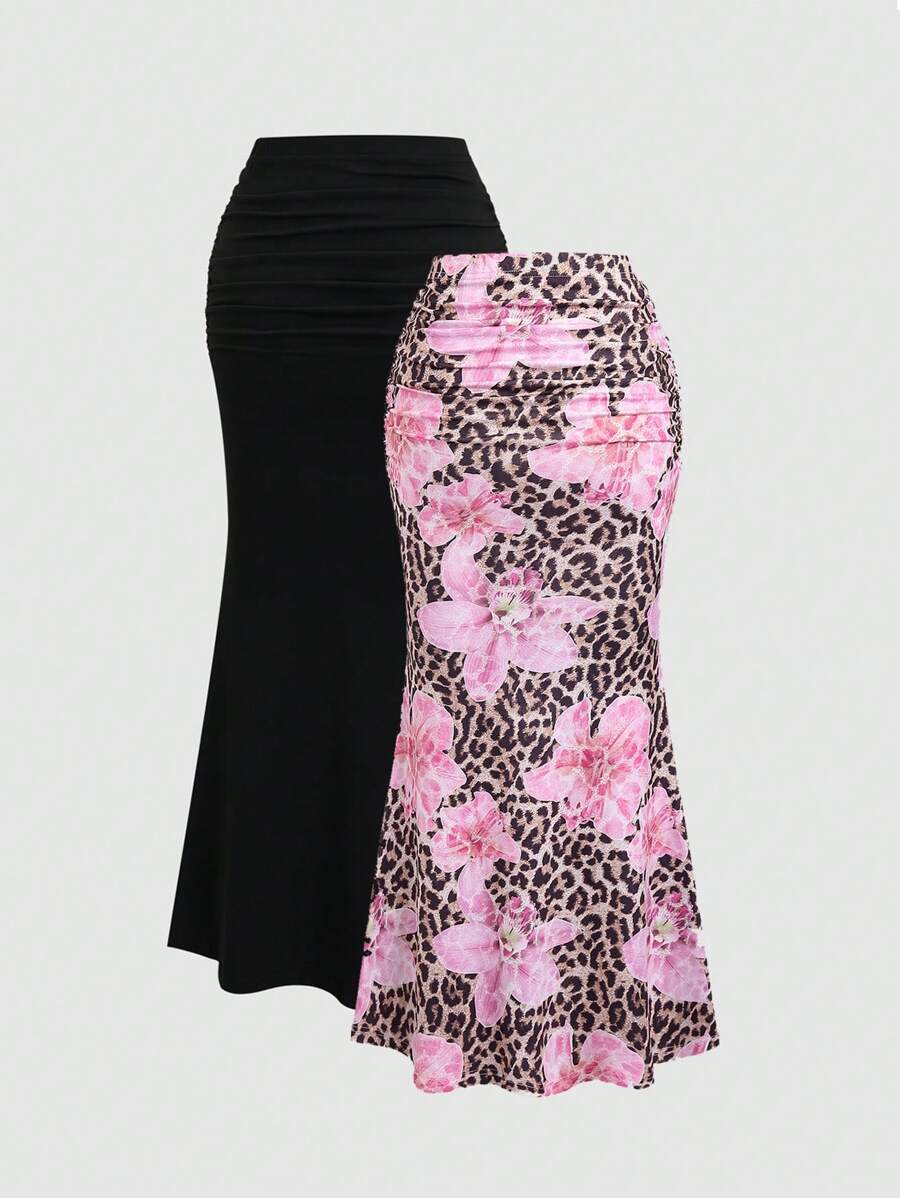 Sweetra 2pcs Women's Elegant Party Solid Color Mermaid Skirt And Floral Print Skirt Set Fall Cloth For Women