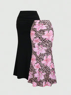 Sweetra 2pcs Women's Elegant Party Solid Color Mermaid Skirt And Floral Print Skirt Set Fall Cloth For Women