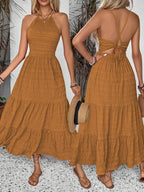 Breezaya Summer Holiday Solid Color Textured Backless Dress For New Year Clothes Maxi Vacation Beach Outfits Women