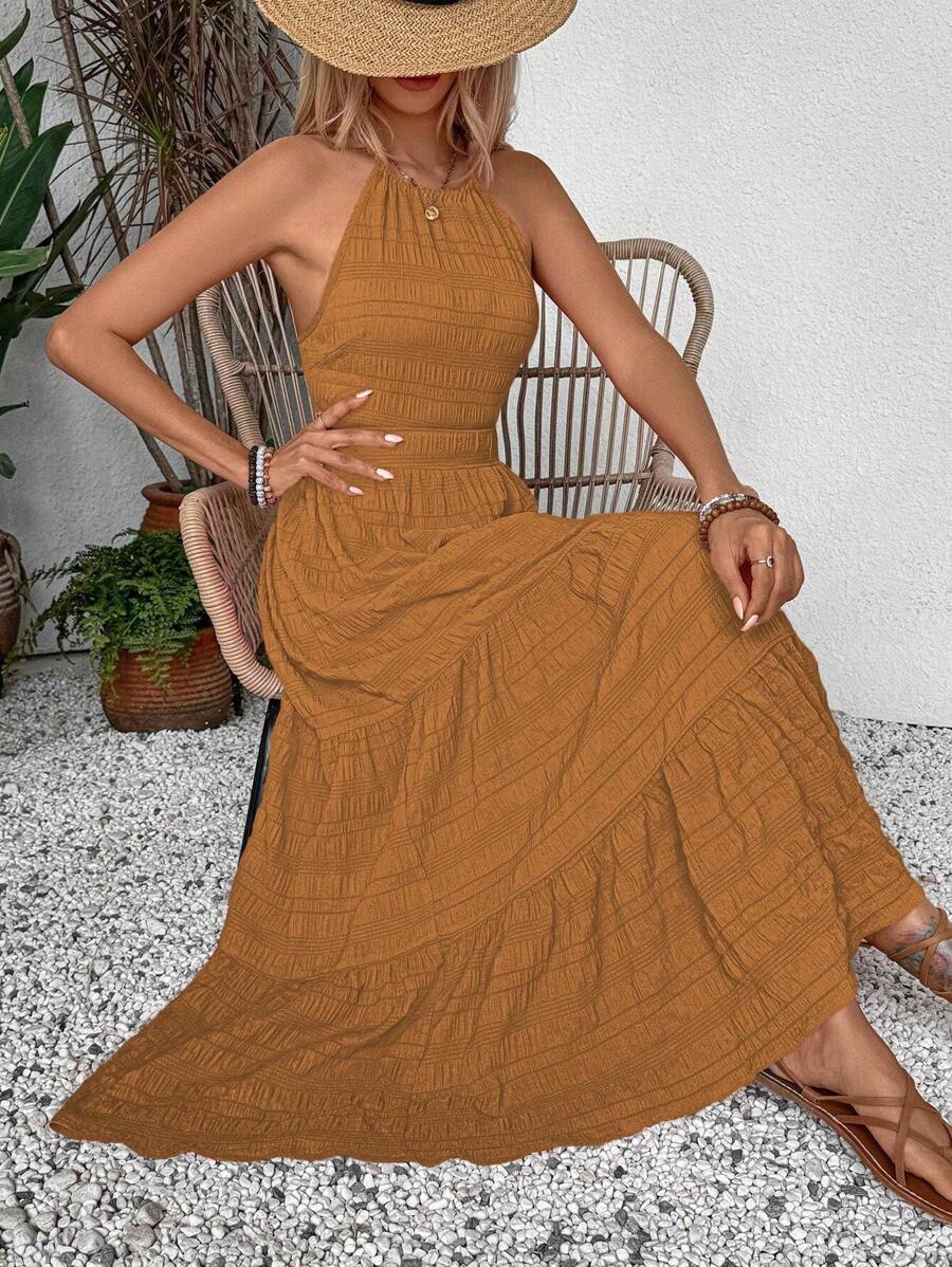 Breezaya Summer Holiday Solid Color Textured Backless Dress For New Year Clothes Maxi Vacation Beach Outfits Women