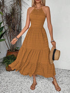Breezaya Summer Holiday Solid Color Textured Backless Dress For New Year Clothes Maxi Vacation Beach Outfits Women