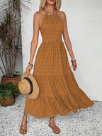 Breezaya Summer Holiday Solid Color Textured Backless Dress For New Year Clothes Maxi Vacation Beach Outfits Women