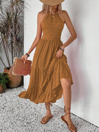 Breezaya Summer Holiday Solid Color Textured Backless Dress For New Year Clothes Maxi Vacation Beach Outfits Women