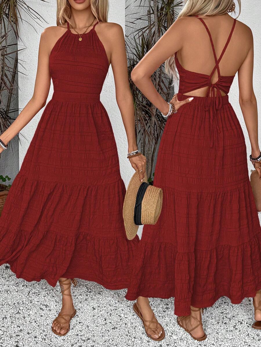 Breezaya Summer Holiday Solid Color Textured Backless Dress For New Year Clothes Maxi Vacation Beach Outfits Women