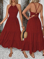 Breezaya Summer Holiday Solid Color Textured Backless Dress For New Year Clothes Maxi Vacation Beach Outfits Women