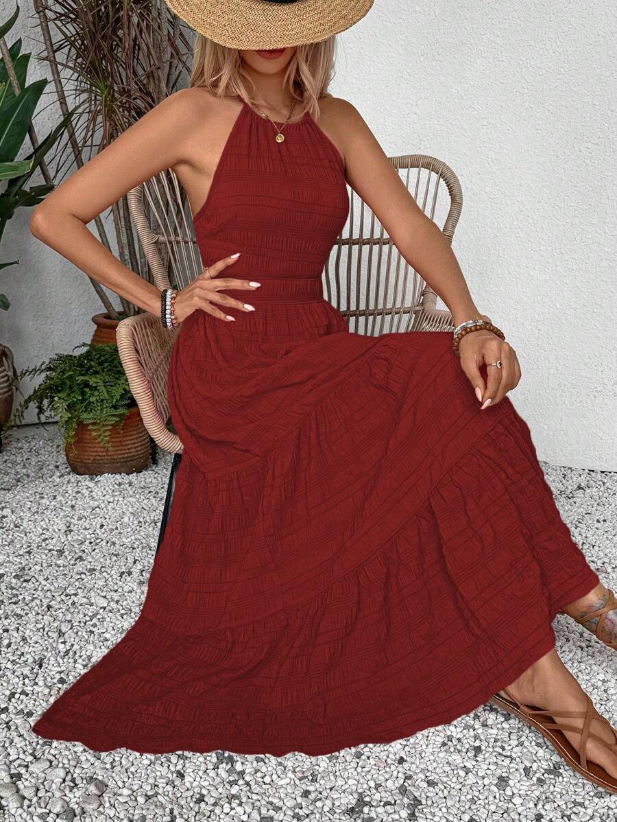 Breezaya Summer Holiday Solid Color Textured Backless Dress For New Year Clothes Maxi Vacation Beach Outfits Women