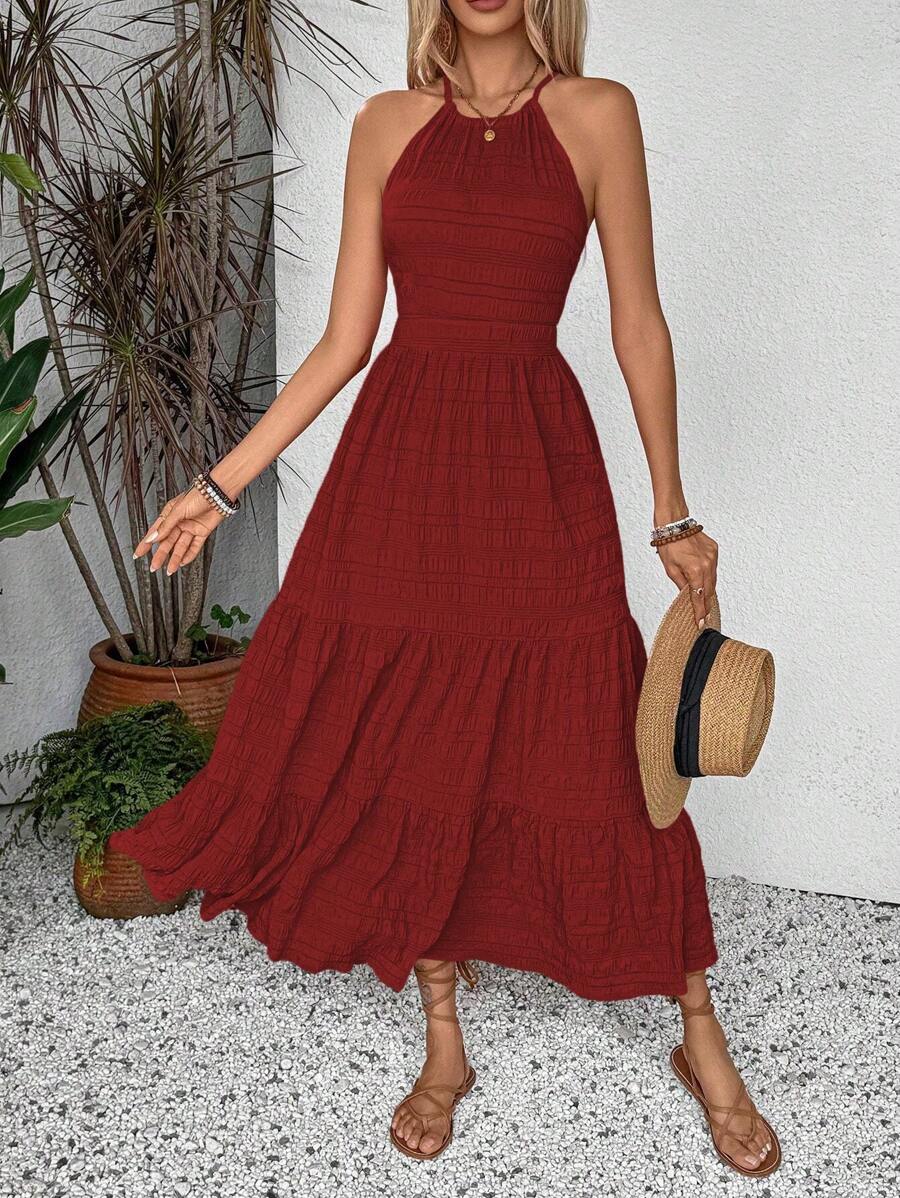 Breezaya Summer Holiday Solid Color Textured Backless Dress For New Year Clothes Maxi Vacation Beach Outfits Women