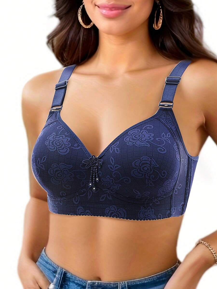 5-Piece Sports Style Wireless Gathering Bra, Adjustable Full Cup Floral Lace Bra, Comfortable Fit Bra And Breathable Fabric, Available In Sizes Floral Print Casual-Comfortable Minimalist Nylon Embroidery