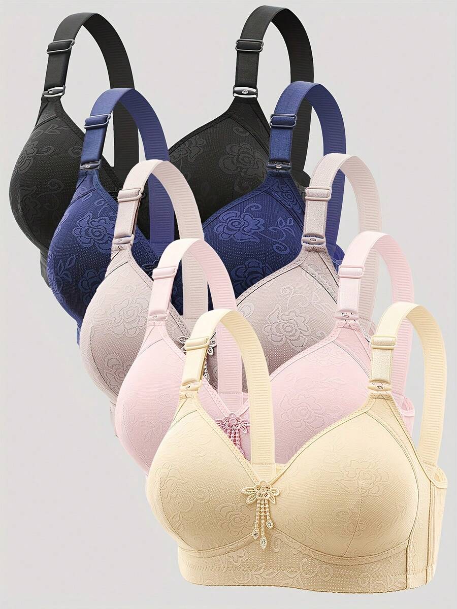 5-Piece Sports Style Wireless Gathering Bra, Adjustable Full Cup Floral Lace Bra, Comfortable Fit Bra And Breathable Fabric, Available In Sizes Floral Print Casual-Comfortable Minimalist Nylon Embroidery