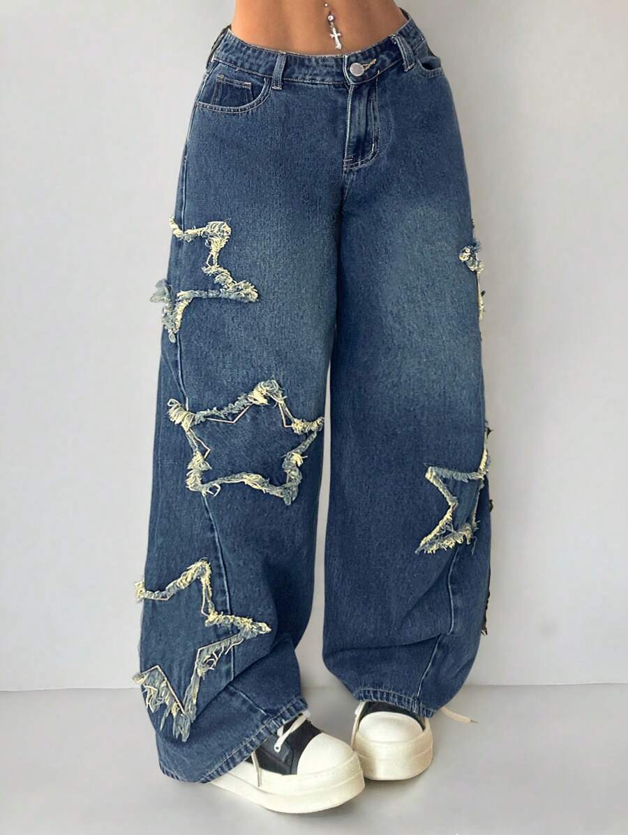 Coolane Women's Winter/All-Season Streetwear  Hippie   Music Festival Party Casual Preppy Vintage Basic Star Patched Washed Comfortable Black Baggy  Jeans
