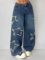 Coolane Women's Winter/All-Season Streetwear  Hippie   Music Festival Party Casual Preppy Vintage Basic Star Patched Washed Comfortable Black Baggy  Jeans
