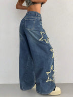 Coolane Women's Winter/All-Season Streetwear  Hippie   Music Festival Party Casual Preppy Vintage Basic Star Patched Washed Comfortable Black Baggy  Jeans