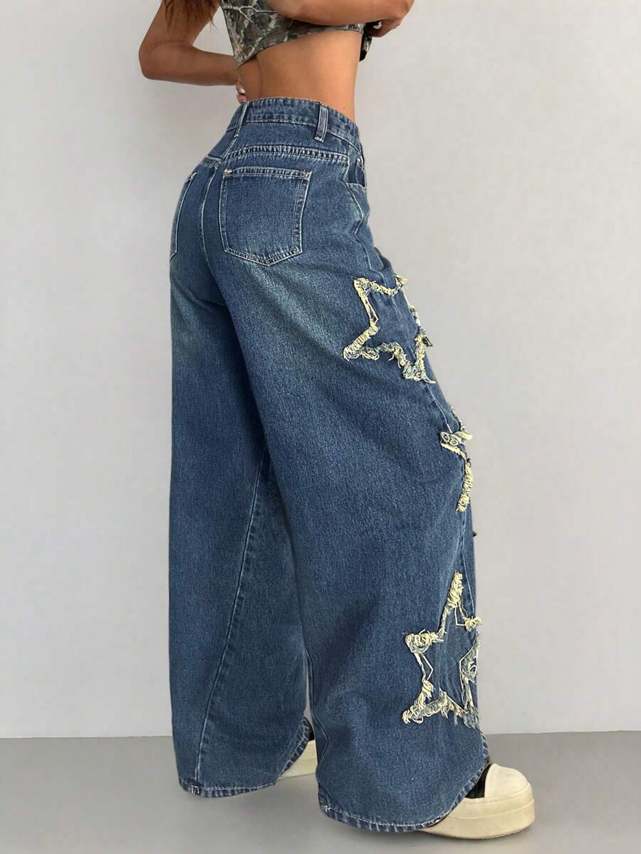 Coolane Women's Winter/All-Season Streetwear  Hippie   Music Festival Party Casual Preppy Vintage Basic Star Patched Washed Comfortable Black Baggy  Jeans
