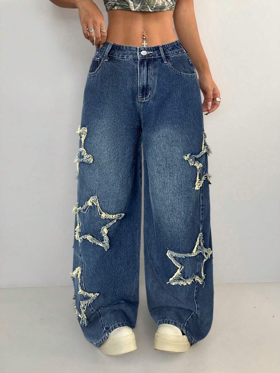 Coolane Women's Winter/All-Season Streetwear  Hippie   Music Festival Party Casual Preppy Vintage Basic Star Patched Washed Comfortable Black Baggy  Jeans