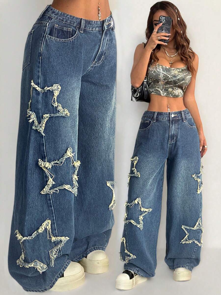 Coolane Women's Winter/All-Season Streetwear  Hippie   Music Festival Party Casual Preppy Vintage Basic Star Patched Washed Comfortable Black Baggy  Jeans