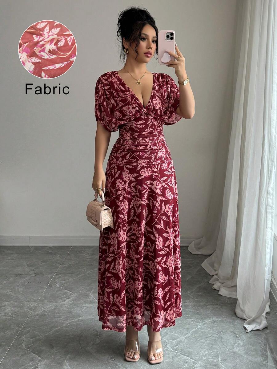 Elenzga Women's Elegant French Style Vacation Loose V-Neck Drop Shoulder Ruched A-Line Maxi Dress, Suitable For Beach, Afternoon Tea, Party